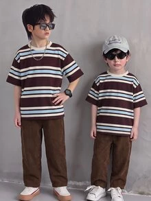 SHEIN Kids Young Boy Striped Crew Neck Short Sleeve T-Shirt And Long Pants Casual Set - Multicolor - View 1
