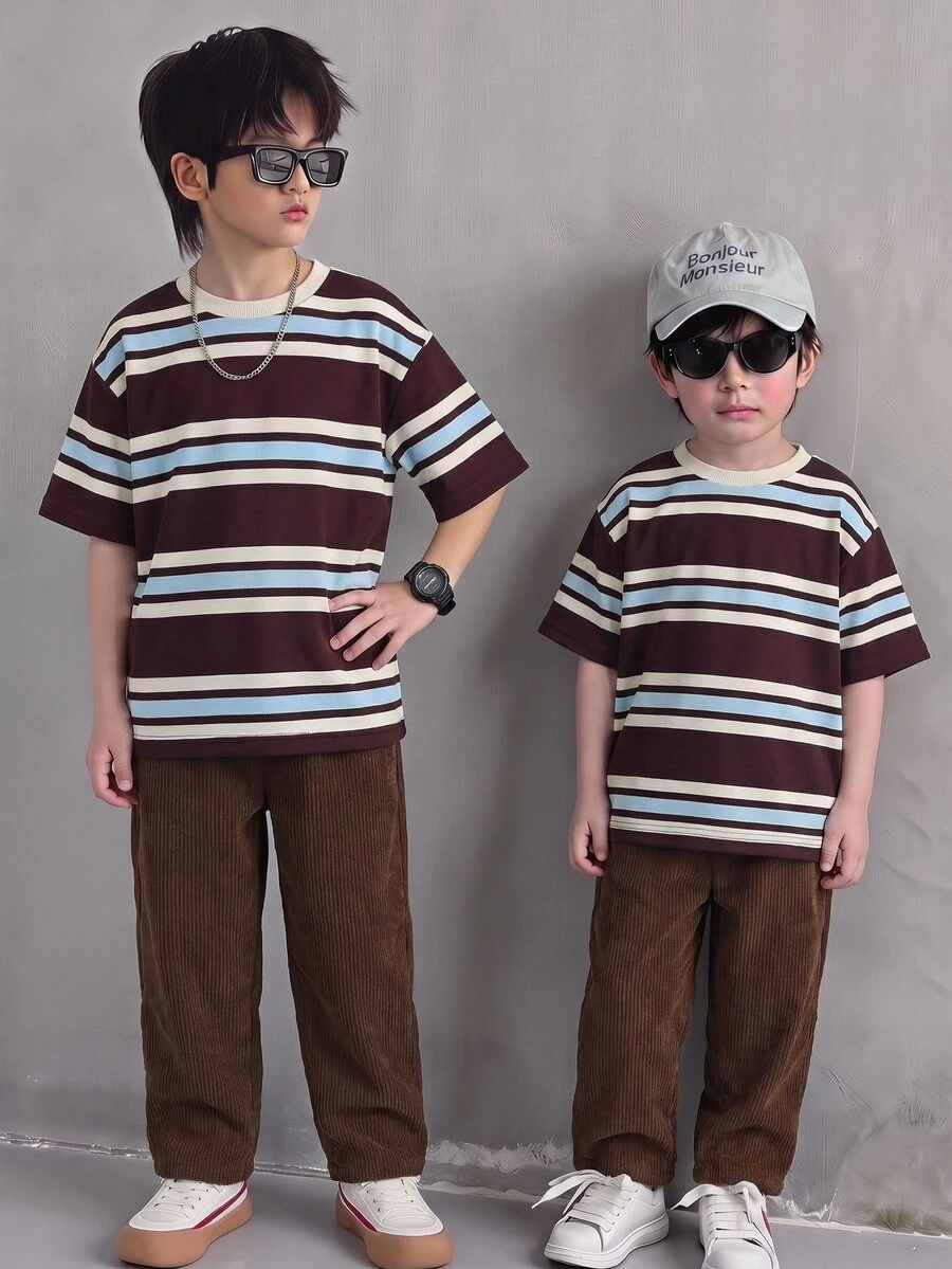 SHEIN Kids Young Boy Striped Crew Neck Short Sleeve T-Shirt And Long Pants Casual Set - Multicolor - View 1