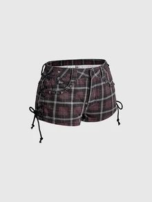 ROMWE Grunge Punk Red Plaid Print Punk Rivet Decor Sexy Women's Denim Printed Shorts - Red - View 5