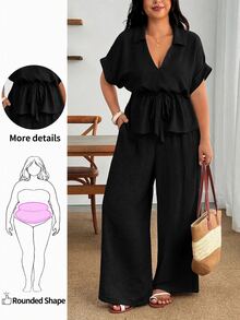 Enliva Plus Size Women Sand Linen Two Pieces Set Tie Waist Shirt Wide Leg Pants Vacation - Black - View 1