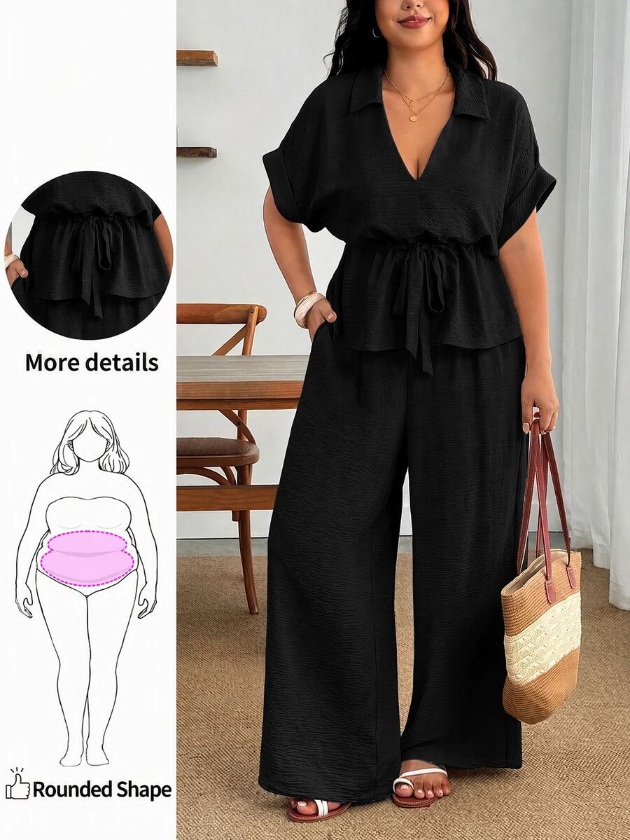 Enliva Plus Size Women Sand Linen Two Pieces Set Tie Waist Shirt Wide Leg Pants Vacation - Black - View 1
