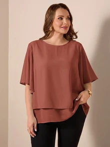 SHEIN LUNE 大尺碼女款純色休閒日常短袖襯衫 - 藕粉色 - 查看 4