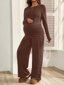 SHEIN 孕婦純色長袖T恤與可調腰長褲2件套 - 棕色 - 查看 3