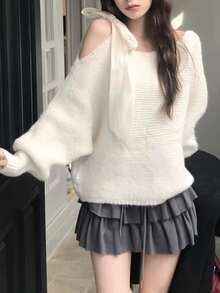DAZY Sweater Rajut Kasual Longgar Lengan Panjang dengan Tali Bahu Pita Leher Bulat Warna Putih untuk Wanita Musim Gugur - Putih - View 3