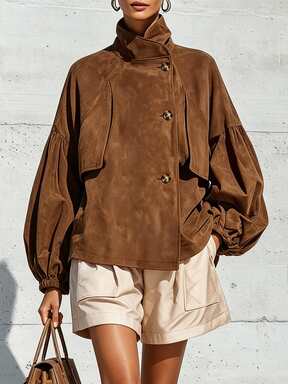 SHEIN Damen Herbst/Winter Neue braune Stehkragen Asymmetrisches Vorderteil Design Laternenärmel Lose Lässige kurze Jacke, strukturierter Stoff mit hohem Stehkragen, Laternenärmel mit elastischen Bündchen, sauberer und müheloser Schnitt, einfach zu tragen für tägliche lässige Ausflüge, schafft eine entspannte Atmosphäre