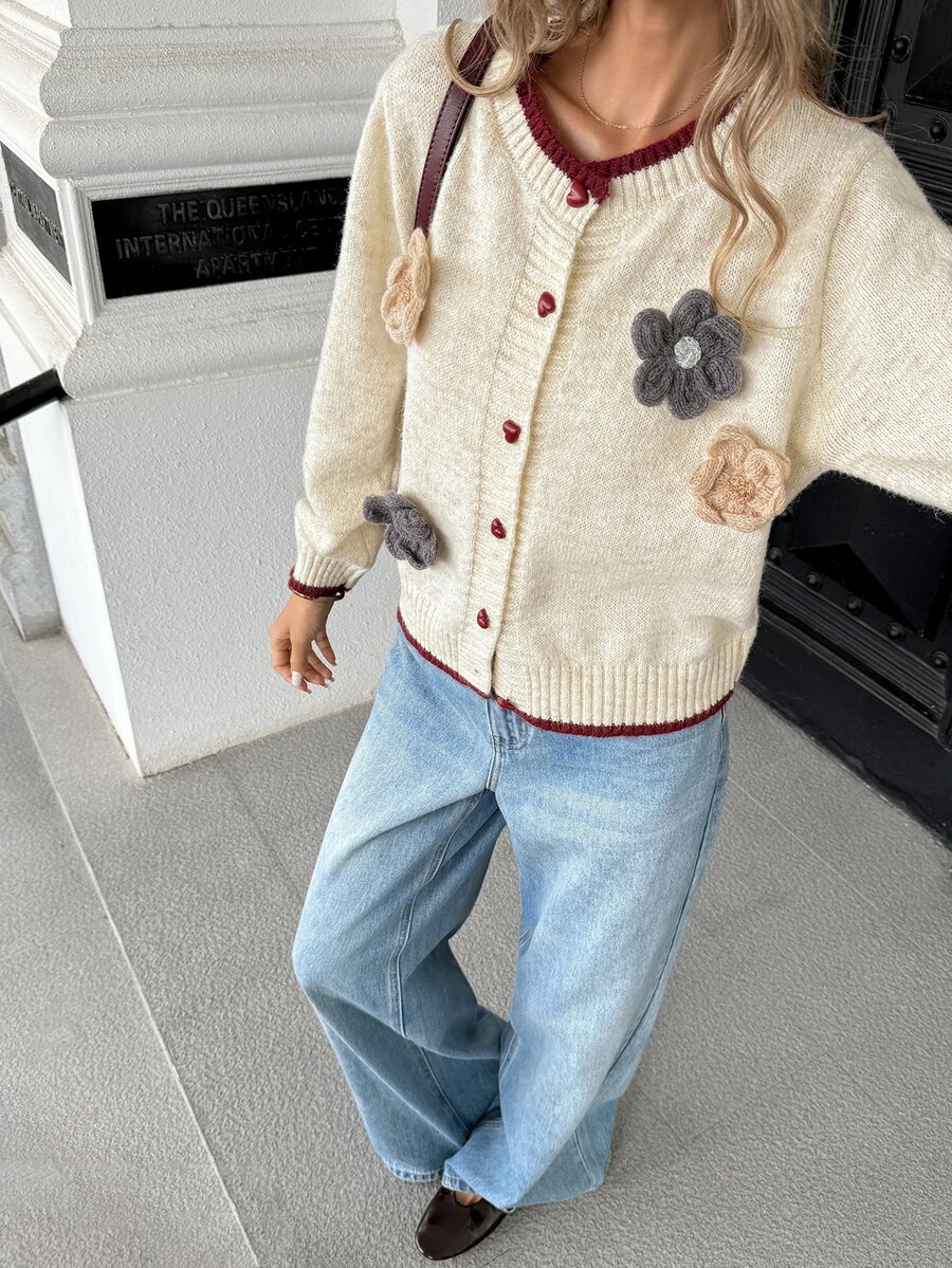Pariaura Cream & Contrast Color 3D Floral Heart Button + Burgundy Trim Sweet Youthful Versatile Knit Cardigan - Beige - View 1