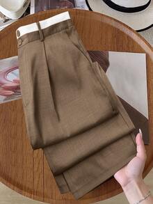 SHEIN Tall 大尺碼女款對比腰部直筒長褲 - 棕色 - 查看 5