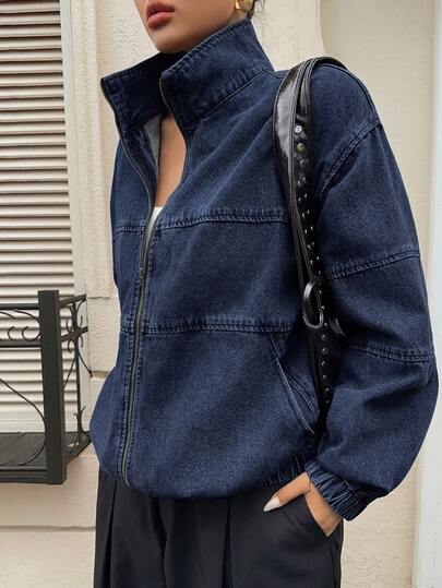 Dazy Plus Vintage Denim Washed Dark Blue Loose Street Style Zipper Front Open Collar Long Sleeve Plus Size Women's Denim Jacket