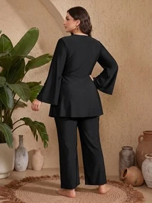 SHEIN Swim Plus Size Women 2-Piece Solid Color Long Sleeve Loose Tie Waist Slimming Belly Cover Burkini Swimsuit Set Long Pants Middle Eastern Sun Protection - Black - View 2