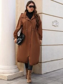 EMERY ROSE Jaket Panjang Kasual Berkerudung Wanita Ukuran Besar Warna Polos dengan Bahu Longgar dan Tali Serut di Pinggang - Coklat - View 6