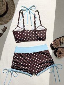 Bonvoyette Women's Summer Beach Vacation Blue And Brown Polka-Dot Print Layered Bikini Set,2-In-1 Bikini Top And Drawstring Beach Shorts - Multicolor - View 5