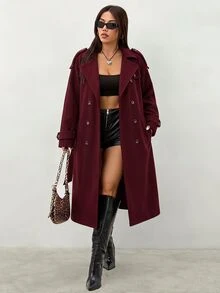 Reflora Mantel Kasual Musim Dingin Wanita Ukuran Besar Warna Polos Kancing Ganda Lengan Panjang dengan Saku - Burgundy - View 8