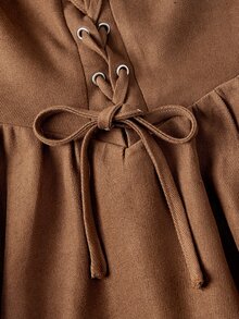 SHEIN MOD Women's 2 In 1 Ruched Waist Eyelet Tie Design Elegant Mid-Length Dress - Camel - View 3