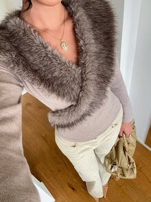 Aloruh Women's Autumn/Winter Khaki Fur Collar Sweater, Warm Slim Fit Sweater Going Out Tops Cropped Top Long Sleeve Sweaters Women's Sweater - Khaki - View 4