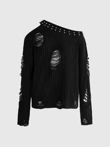 ROMWE Grunge Punk Women's Studded Decor Distressed Design Casual Everyday Long Sleeve Sweater - Black - View 1