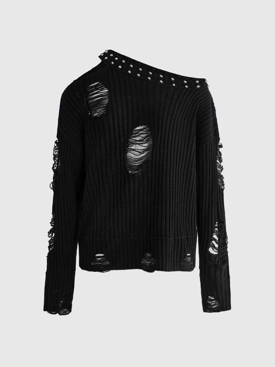 ROMWE Grunge Punk Women's Studded Decor Distressed Design Casual Everyday Long Sleeve Sweater - Black - View 1