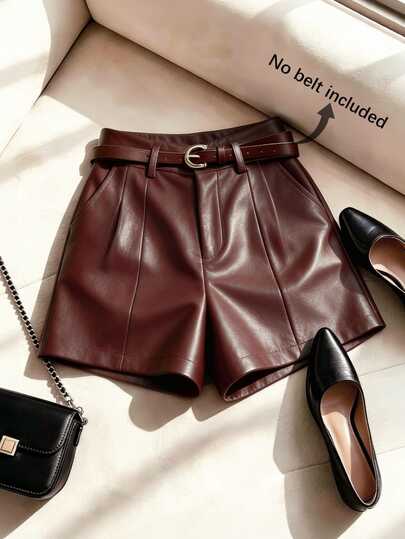SHEIN Franclia French Minimalist Style Fashion Solid Color PU Commuter Casual Retro High Waist A-Line Wide Leg New Women's Shorts Back To School Outfit Burgundy Shorts