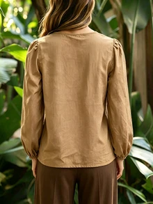SHEIN Autumn Casual Solid Color Side Button Shirt - Brown - View 2