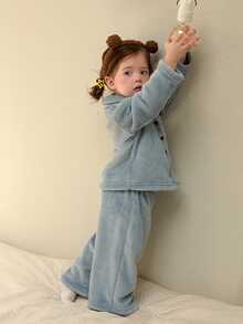 DAZY Infant/Toddler (Girl) Collared Comfortable Long Sleeve & Long Pants 2 Pieces Set Loungewear, Autumn/Winter - Blue - View 6