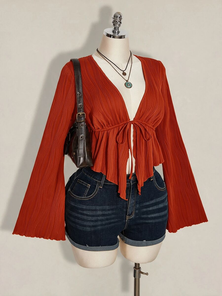 SHEIN ICON 女款大尺碼黑色紋理前綁帶上衣 - 橘色 - 查看 1