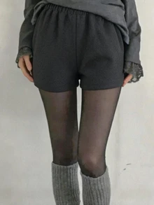 DAZY Dark Gray Solid Color Elastic Waist Casual Versatile Loose Shorts For Women, Comfortable For Home And Daily Wear Fall - Black - View 3