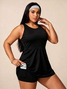 SHEIN Rhythm Era Rhythm Era Plus Size Women's Floral Print Criss-Cross Back Sports Dress With Shorts - Black - View 6