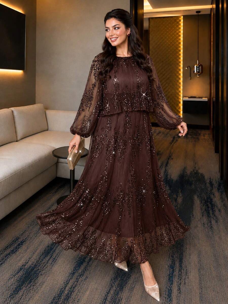 Auveirra Plus Size Elegant Sequin Party Dress Fall - Brown - View 1