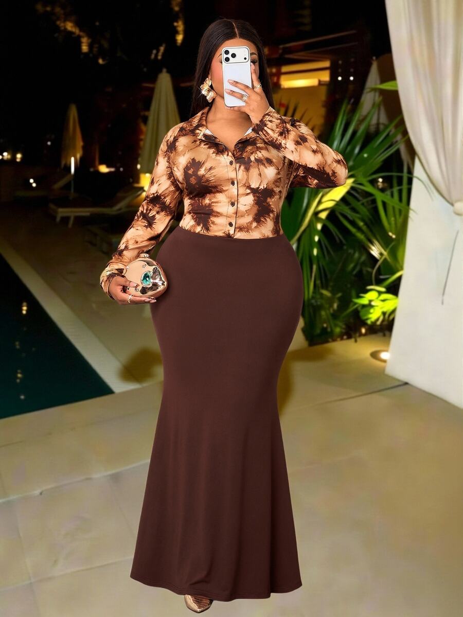 SOLERSUN Plus Size Elegant Party Tie-Dye Print Patchwork Mermaid Dress - Coffee Brown - View 1