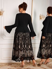 Modelyn Elegant Solid Color Knit Contrast Lace Round Neck Long Sleeve Waist-Cinching A-Line Regular Fit Spring/Autumn Plus Size Dress - Black - View 2