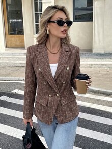 Serisse 女款優雅雙排扣西裝外套，適合秋季通勤 - 棕色 - 查看 4