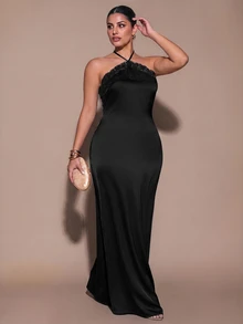 SHEIN BAE CURVE 大尺碼女款純色對比蕾絲修身優雅掛脖洋裝 - 黑色 - 查看 3