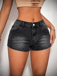 SHEIN ICON Women's Sexy Button Pocket Rhinestone Denim Shorts - Black - View 2