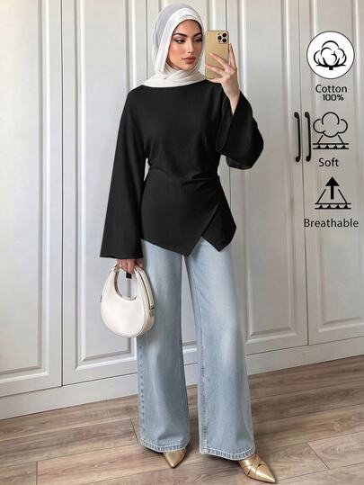 Elenzga Off White Boat Neck Ruched Waist Irregular Hem Cotton Blouse, French Casual Top For Office, Dating & Autumn Daily Outfit