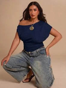 SHEIN BAE CURVE 大尺碼不對稱單肩純色收腰針織T恤 - 藏蓝色 - 查看 6
