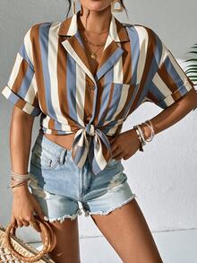 Swim Lushoire Women Solid Short Sleeve Kimono Beach Cover Up, Summer Loose Beach Shirt - Brown - View 5
