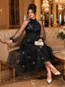 Roveilla Plus Size Elegant Celestial Black Foil High Neck Raglan Sleeve Cinched Waist Ruched Flared Formal Cocktail Evening Dress Autumn Halloween - Black - View 6