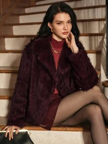 Anewsta Women's Autumn/Winter Short Faux Fur Coat With Large Lapel And Tie - Burgundy - View 2