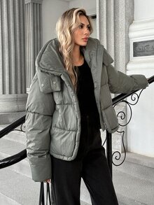 Pariaura Minimalist Commuter Hooded Quilted Jacket With Snap-Button Detachable Hood, Two Styling Options, Large Check Quilted Pattern, Smooth Zipper Placket, Cotton Padded - Grey - View 4