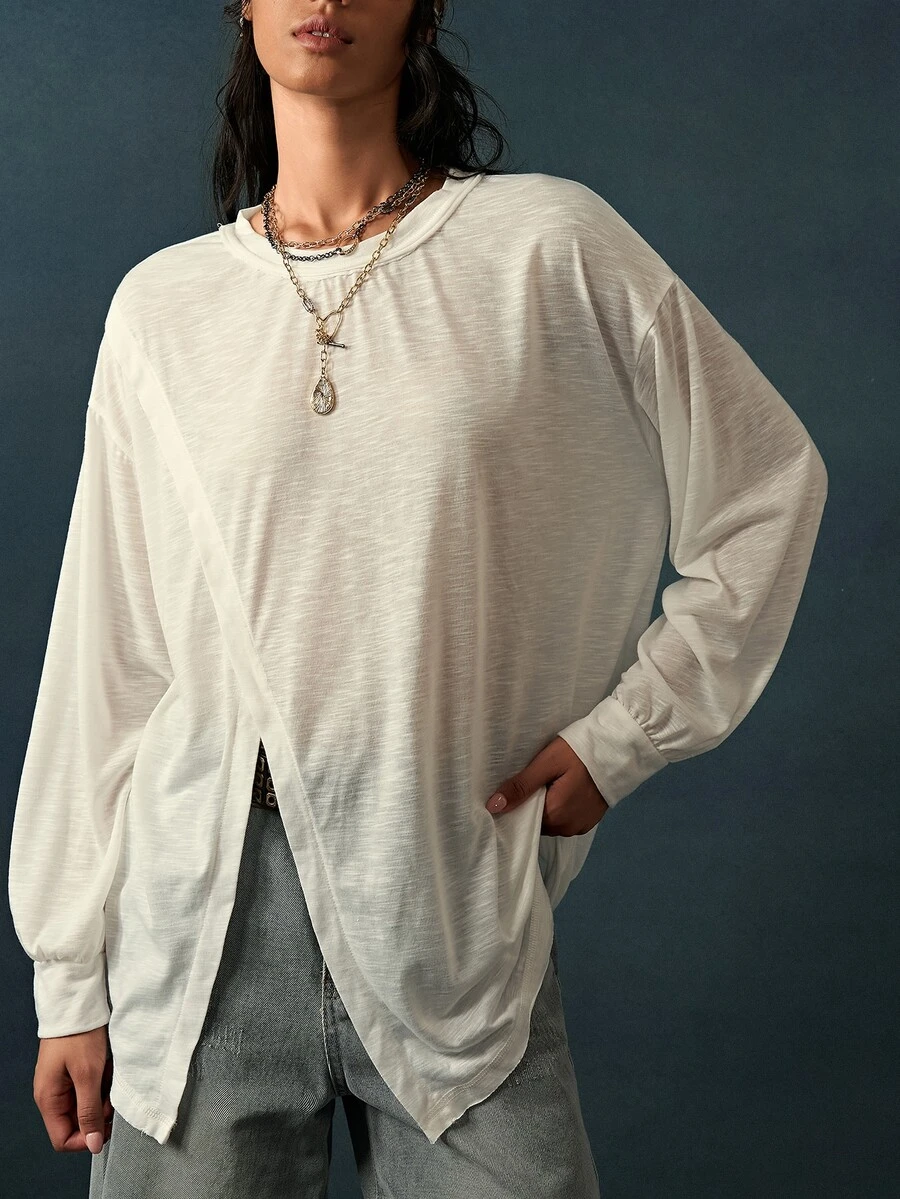 Bohemela Women's Autumn Casual Solid Color Split Hem T-Shirt - White - View 1
