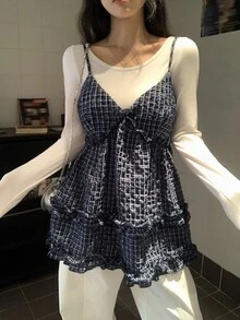 DAZY V-Neck Spaghetti Strap Sleeveless Deep Blue & White Plaid Fabric Cinched Waist Multi-Layer Ruffle Hem Women's Tank Top Fall - Blue - View 7