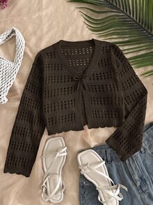 SHEIN 青少年女孩鏤空針織開襟衫，適合居家、休閒外出、海邊度假、聚會等多種場合，舒適百搭柔軟 - 棕色 - 查看 6