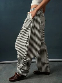 Bohemela Women's Striped Colorblock Drawstring Waist Pocket Loose Long Pants - Black and White - View 5
