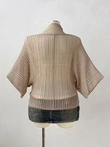 Sunspun Relaxed Tone Loose Batwing Sleeve Ribbed Hollow Out Tie-Up Shawl Knit Cardigan Fall - Apricot - View 2