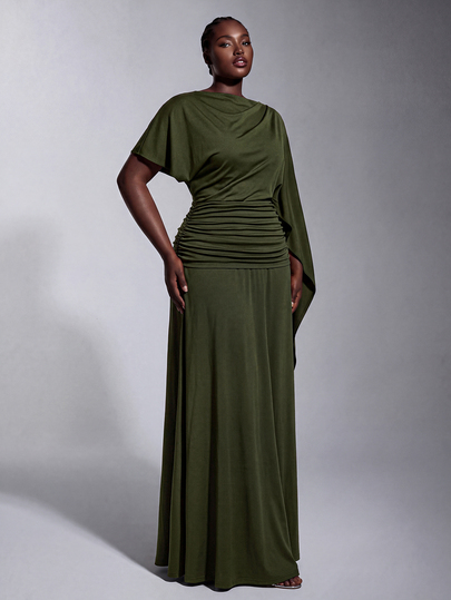 Elitara Plus Size Elegant Fashion Minimalist Olive Green Knit Asymmetrical Cape, Flattering Pleated Design Mermaid Long Dress, Suitable For Vacation, Formal Evening Party, Wedding Event, Bridesmaid Dress