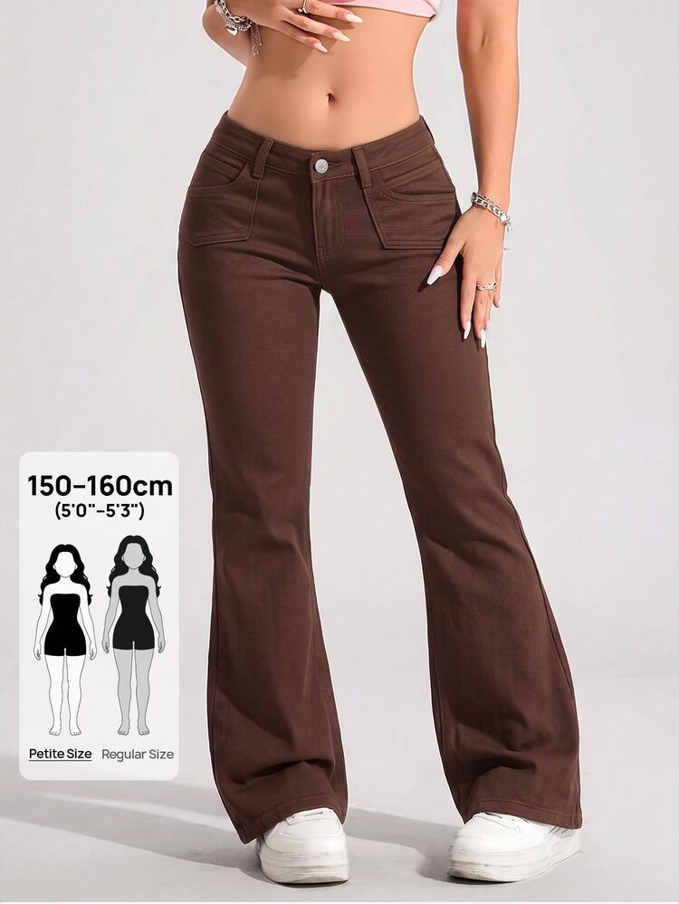 SHEIN PETITE Low Waist Slim Fit Flare Jeans - Coffee Brown - View 1