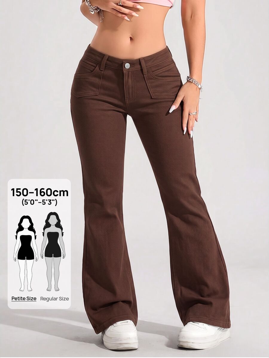 SHEIN PETITE 低腰修身喇叭牛仔褲 - 咖啡棕 - 查看 1
