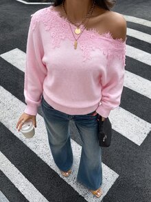 Siren Gaze Autumn New Asymmetrical Shoulder Lace Patchwork Sweater For Women Tea Party Date Light Pink Romantic Elegant - Baby Pink - View 5