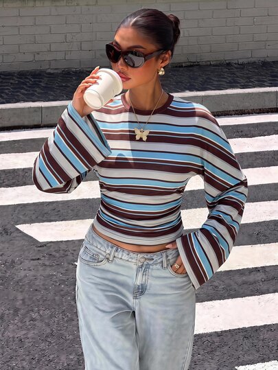 Muchica Autumn New Blue & Brown College Style Striped Batwing Sleeve Slim Fit Long Sleeve T-Shirt, Elegant Casual Fashion Basic Top For Spring Summer Autumn Winter, Suitable For Outings And Parties, Women's College Style Striped Top T-Shirt