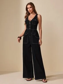 Selenza 女款休閒牛仔連身褲，附口袋，適合日常穿著 - 黑色 - 查看 3