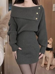 DAZY Grey One-Shoulder Metal Button Decor Loose Batwing Sleeve Cinched Waist Fitted Knit Dress - Dark Grey - View 3